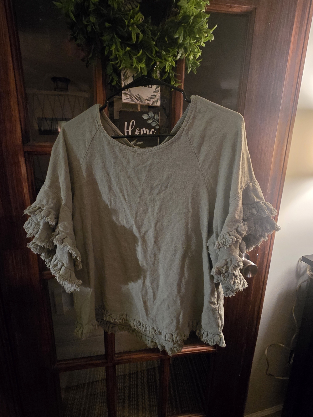 Umgee Olive Green Ruffle Fringe Sleeve Top